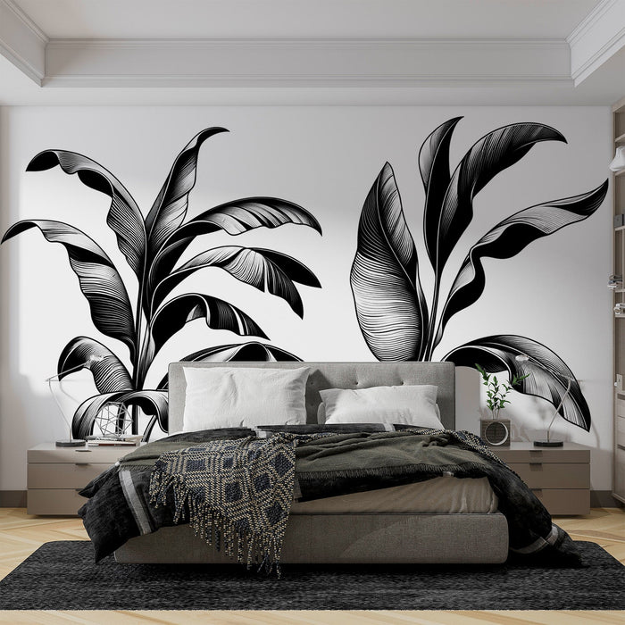 Black and White Foliage Mural Wallpaper | Banana Leaf Line Art