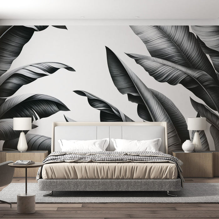 Black and White Foliage Mural Wallpaper | Long Banana Leaves on a White Background