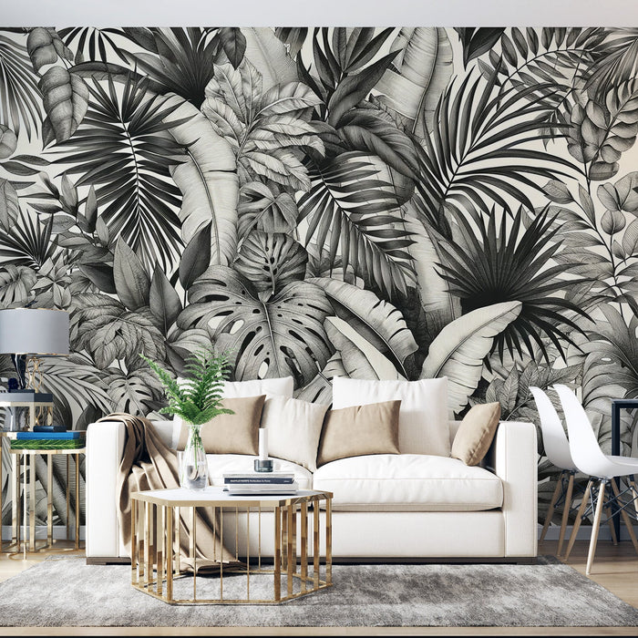 Papel pintado de follaje en blanco y negro | Follaje tropical masivo sobre un fondo blanco