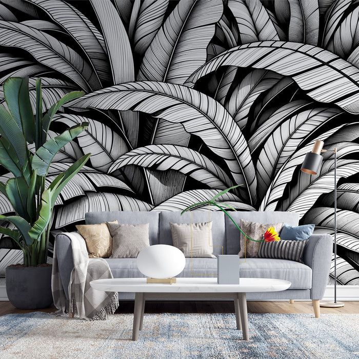 Black and White Foliage Mural Wallpaper | Stylish Design of Banana Leaf Cluster