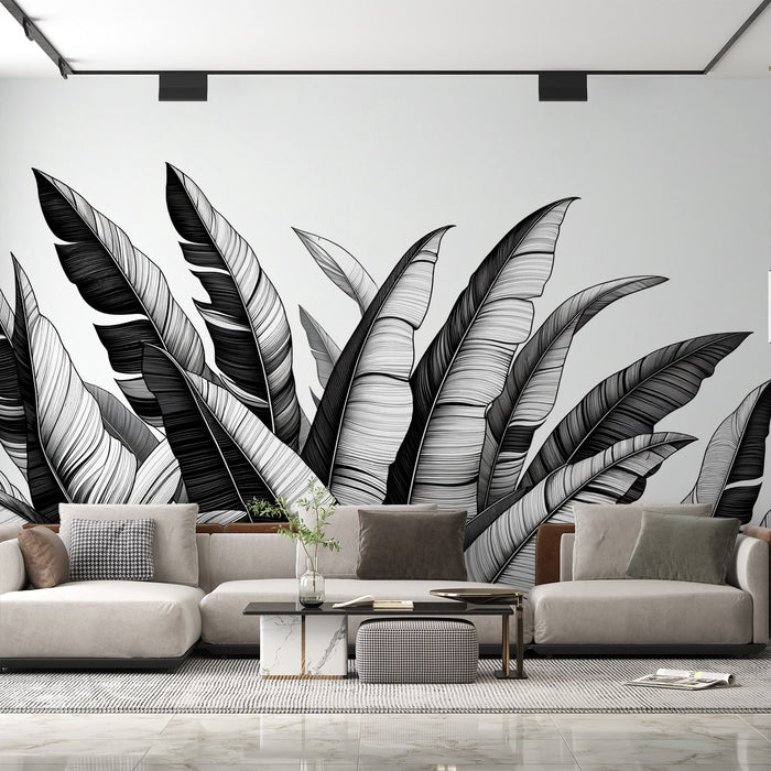 Black and White Foliage Mural Wallpaper | Bold Banana Leaf Design