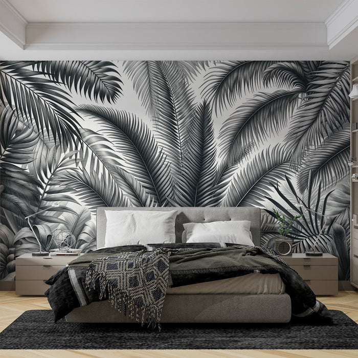 Papel de parede de folhagem preta e branca | Selva de folhas de palmeira massif