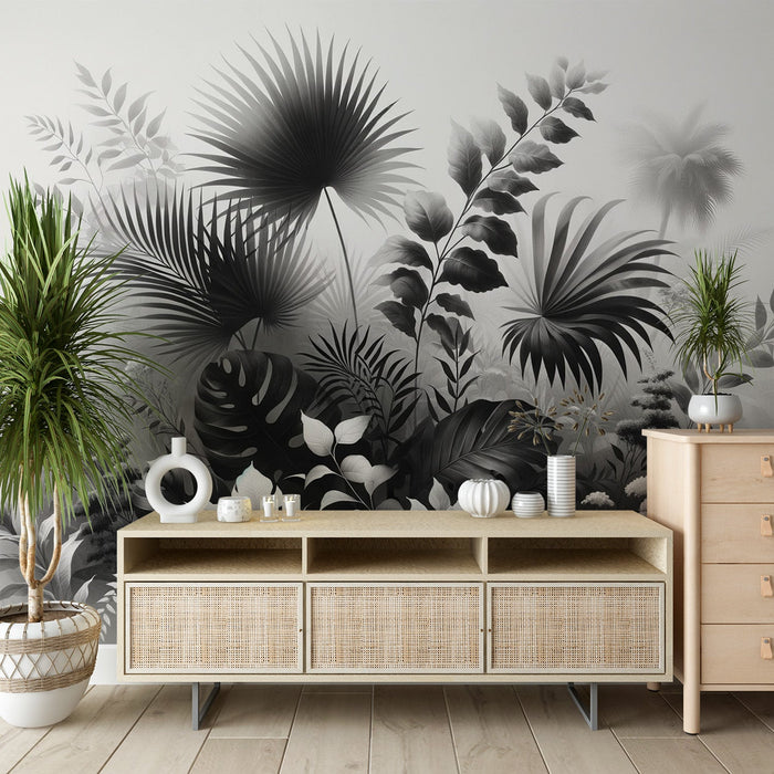 Black and White Foliage Mural Wallpaper | Majestic Monstera and Palm Leaf