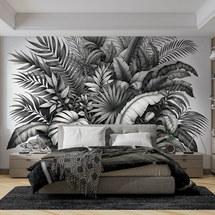 Papel pintado de follaje en blanco y negro | Pared de follaje tropical vintage
