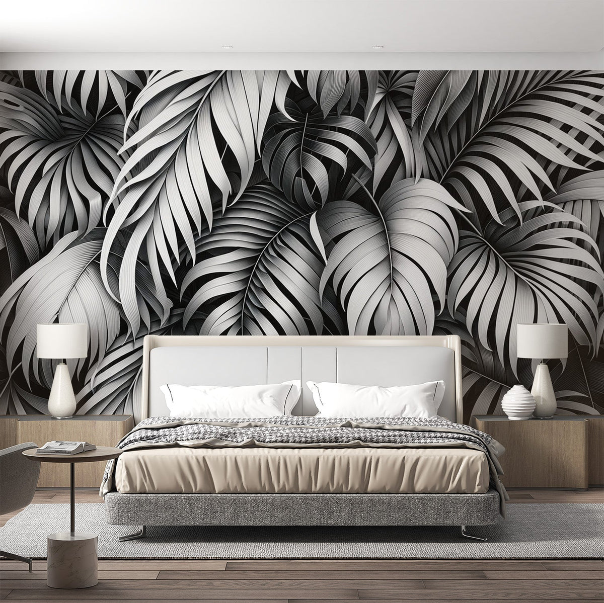 Black and White Foliage Mural Wallpaper | White Palm Leaf Wall ...