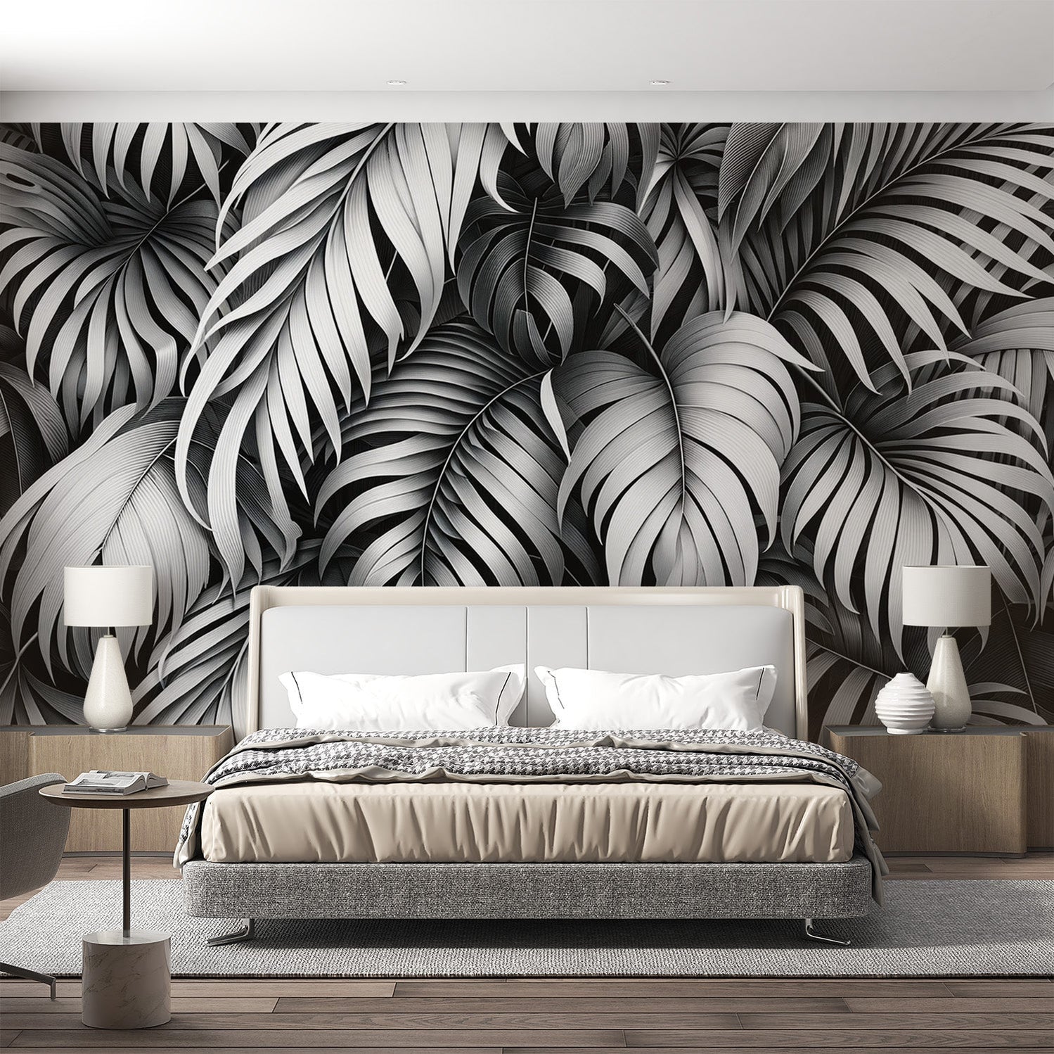 Black and White Foliage Mural Wallpaper | White Palm Leaf Wall ...