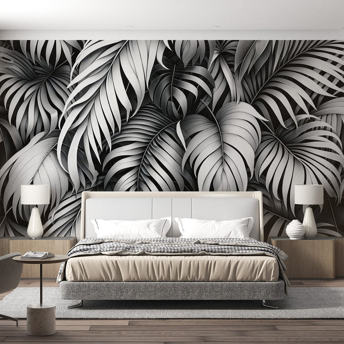Papel de parede com folhagem preta e branca | Parede de folha de palmeira branca