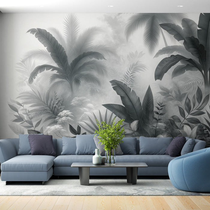 Black and White Foliage Mural Wallpaper | Palm Trees, Banana Trees, and Various Foliage