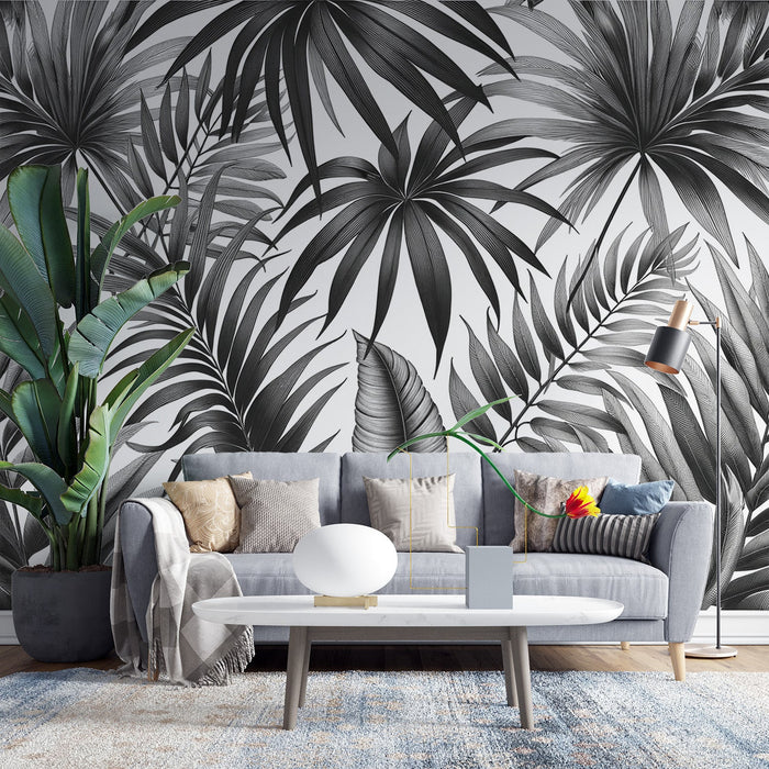 Zwart en Wit Foliage Foto Behang | Witte Achtergrond Palmblad Panorama