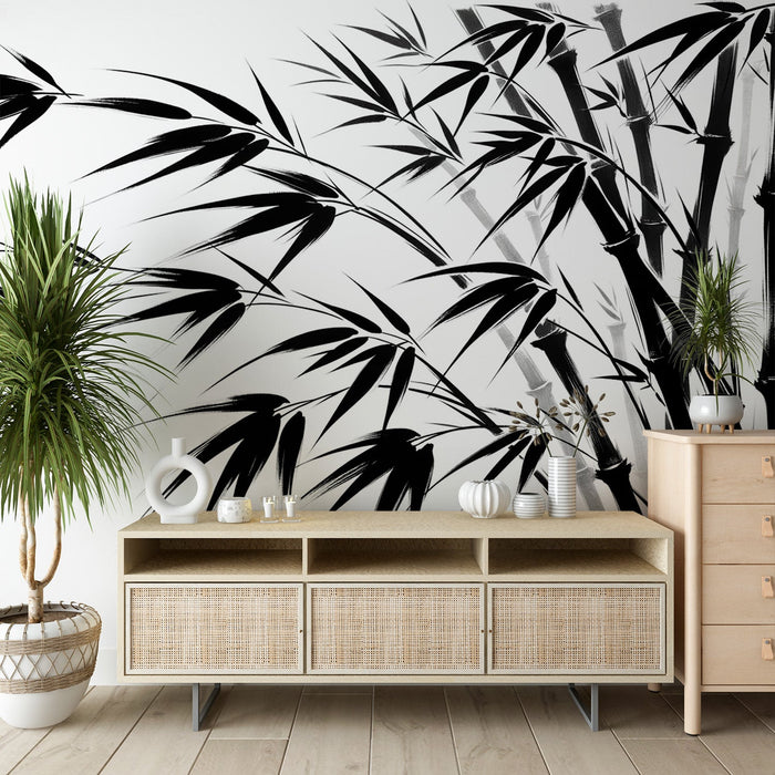 Black and White Foliage Mural Wallpaper | Japanese Ink Style Bamboo Shoot