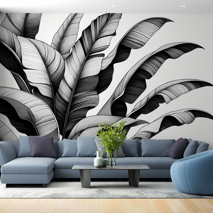 Black and White Foliage Mural Wallpaper | Vertical Growth of Banana Leaves