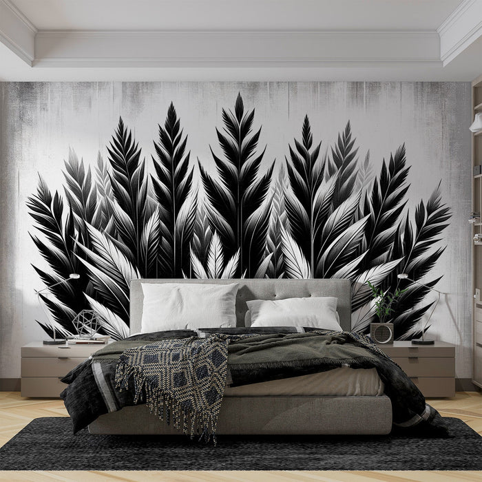 Papel pintado de follaje en blanco y negro | Brotes de hojas de palma sobre fondo envejecido