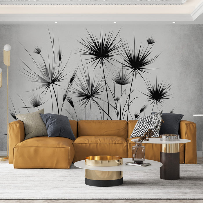 Black and White Foliage Mural Wallpaper | Yucca Silhouettes on Aged Background