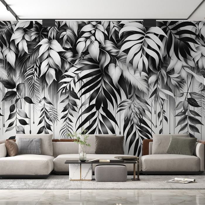 Black and White Foliage Mural Wallpaper | Various Falling Leaves on White Background