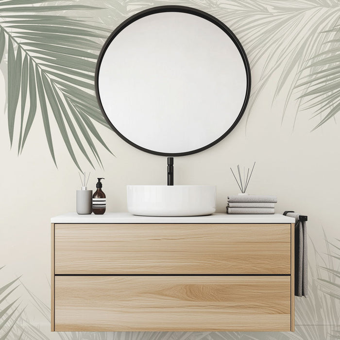 Falfestmény tapéta fürdőszoba | Zöld és bézs pálmalevelek