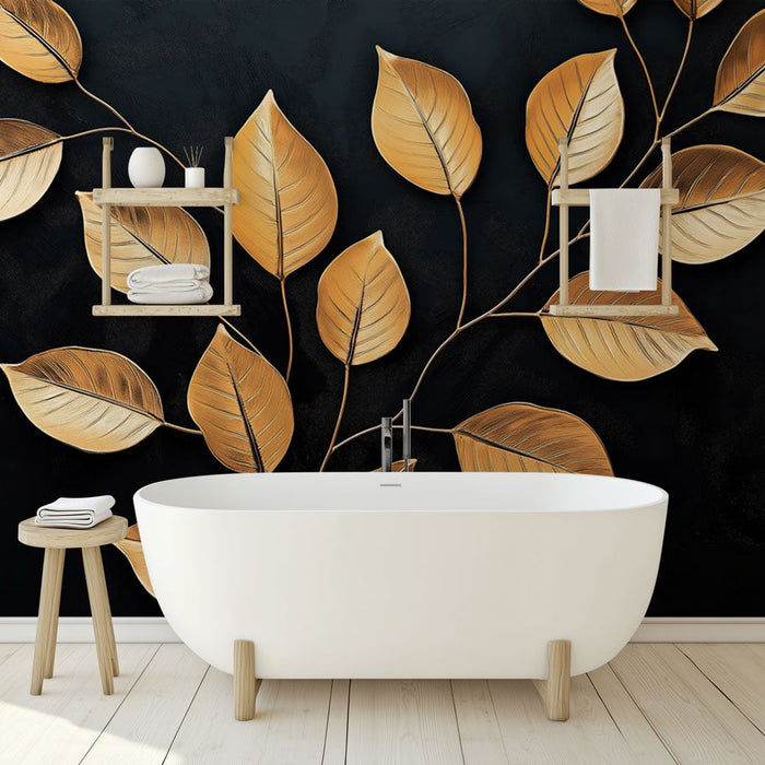 Falfestmény tapéta fürdőszoba | Elegáns arany levelek fekete háttéren