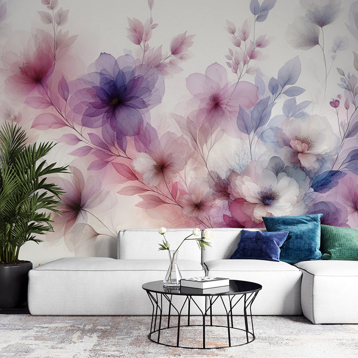 Papel pintado Mural de Flores Pastel | Acuarela con Tonos Morados y Pétalos de Flores