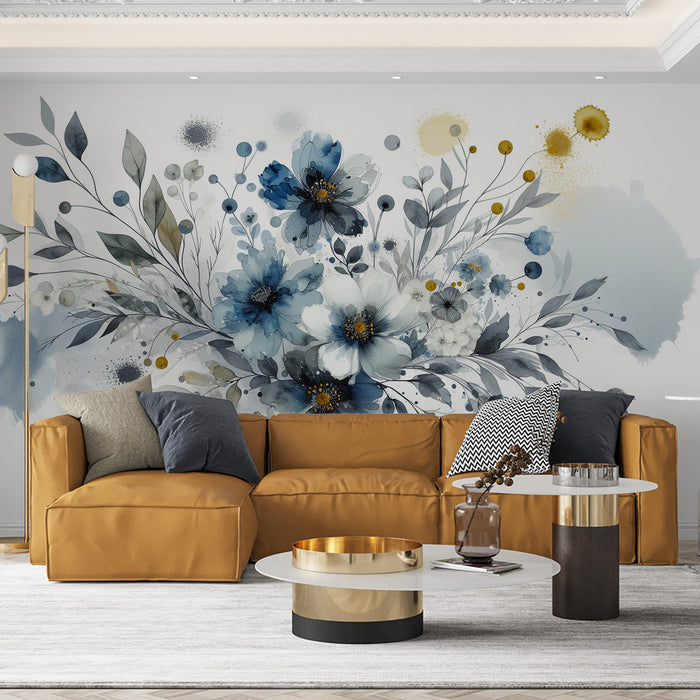 Papel de parede Mural Floral Pastel | Azuis em aquarela com pétalas e folhagem