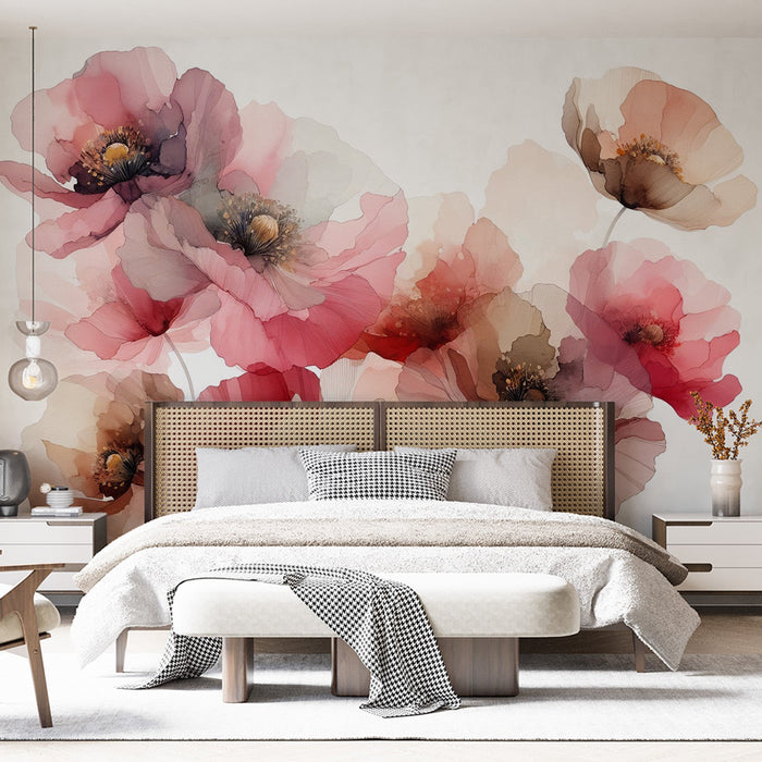 Papel pintado de mural de flores pastel | Acuarela de rosas amapolas, blancas y marrones