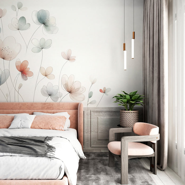 Papel pintado de mural floral pastel | Acuarela minimalista y suave
