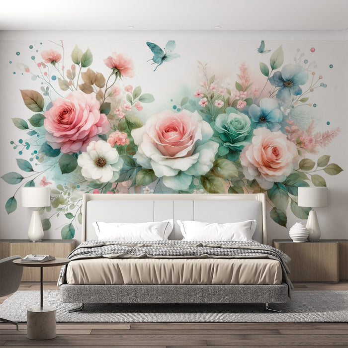 Papel de parede Mural Floral Pastel | Borboleta e Rosas em Aquarela
