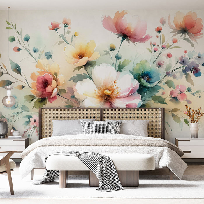 Papel de parede com mural de flores em tons pastel | Buquê colorido de flores em aquarela