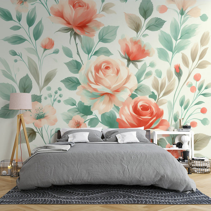 Pastel Floral Mural Wallpaper | Rose Branches with Green Leaves