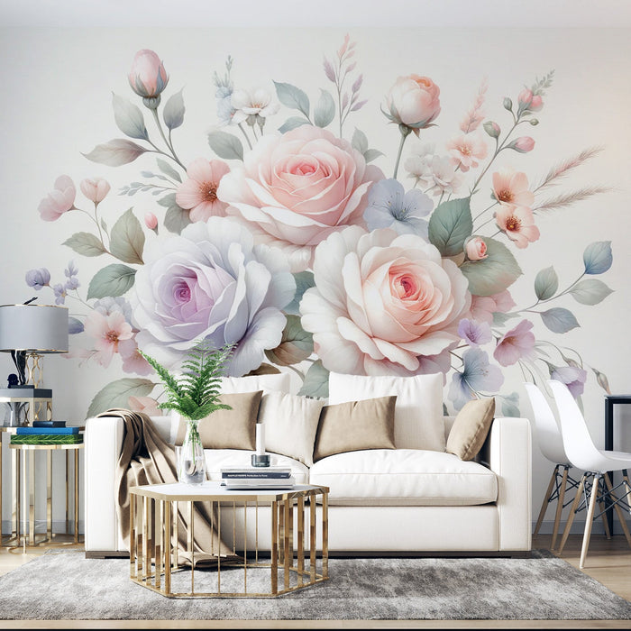 Papel pintado de mural floral pastel | Composición con pétalos de rosa