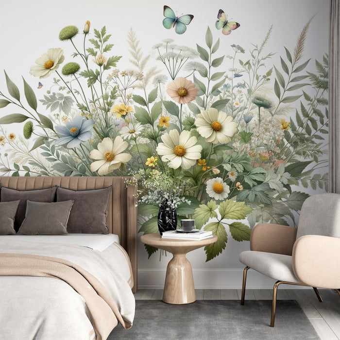 Papel de parede com mural de flores em tons pastel | Composição de flores de campo com borboletas