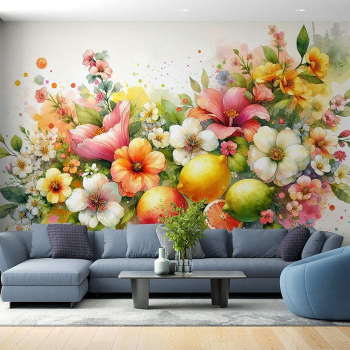 Papel de parede Mural de Flores Pastel | Composição colorida de flores e frutas