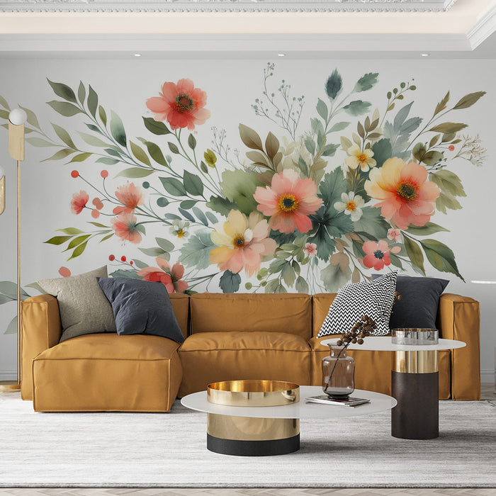 Pastel Floral Mural Wallpaper | Zusammensetzung von orangen und roten Blumen mit grünem Laub