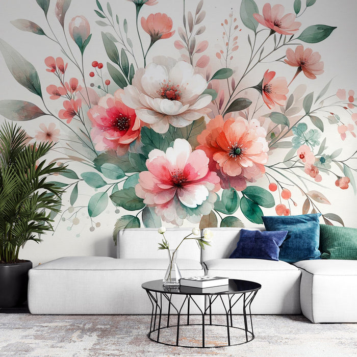 Papel pintado de mural floral pastel | Composición floral acuarela de rosas y blancos