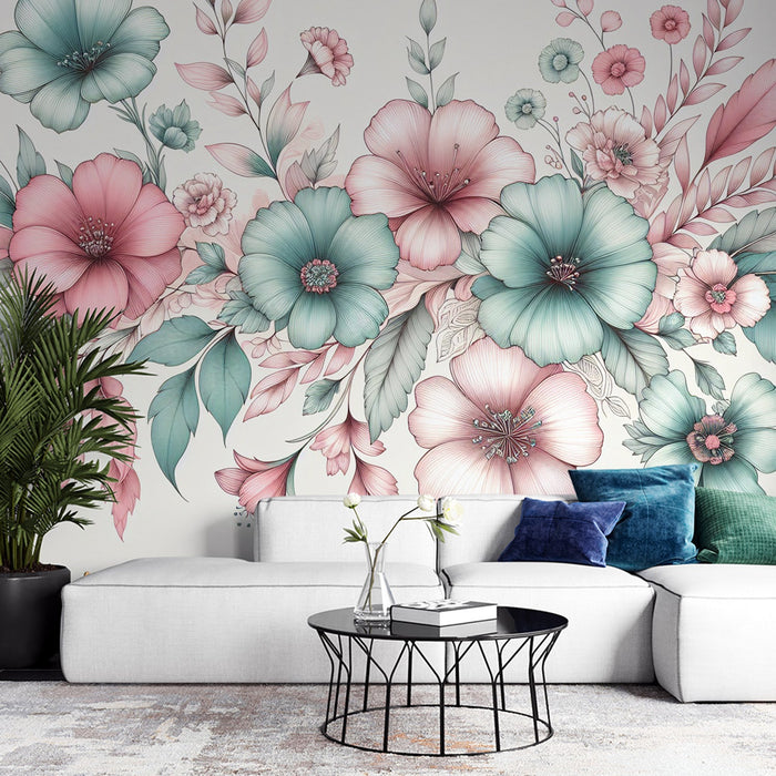 Pastel Floral Mural Wallpaper | Floral Composition and Foliage with Pink and Blue Petals
