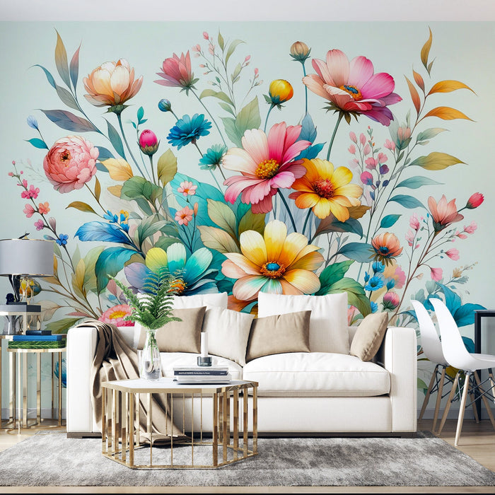 Papel de parede com mural de flores em tons pastel | Composição floral vibrante e colorida
