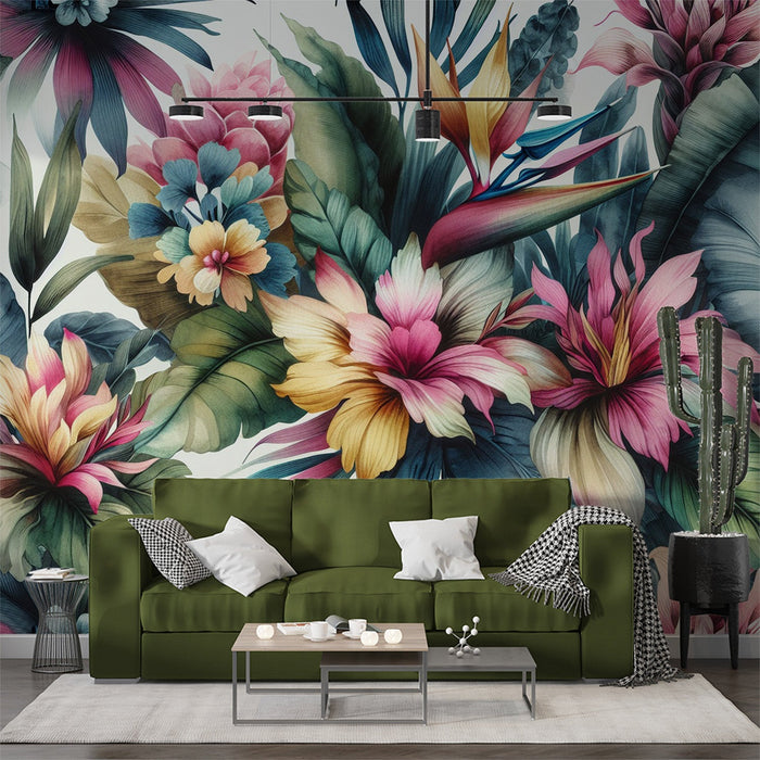 Papel pintado de mural floral pastel | Composición floral tropical multicolor