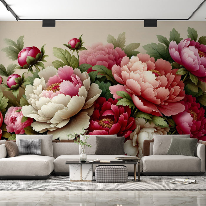 Pastel Floral Mural Wallpaper | Massive Composition of Pink and White Flowers