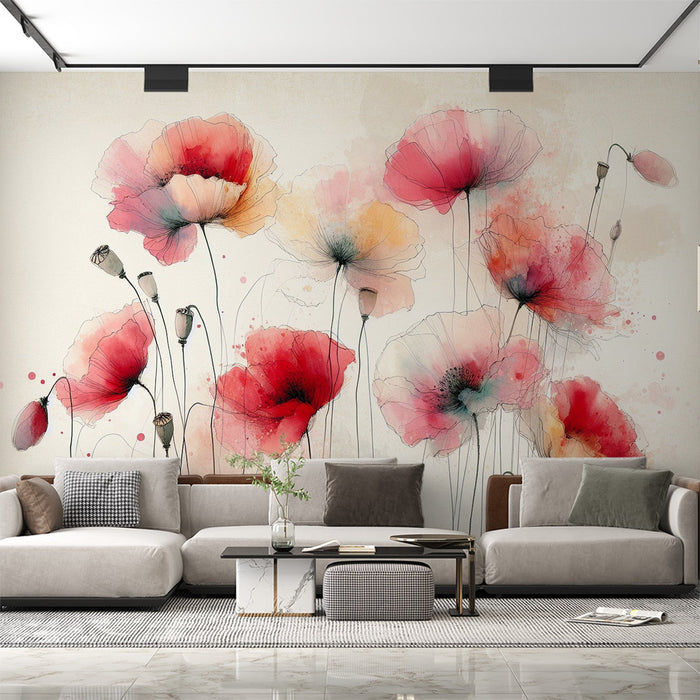 Pastel Floral Mural Wallpaper | Red Poppy with Red Spots