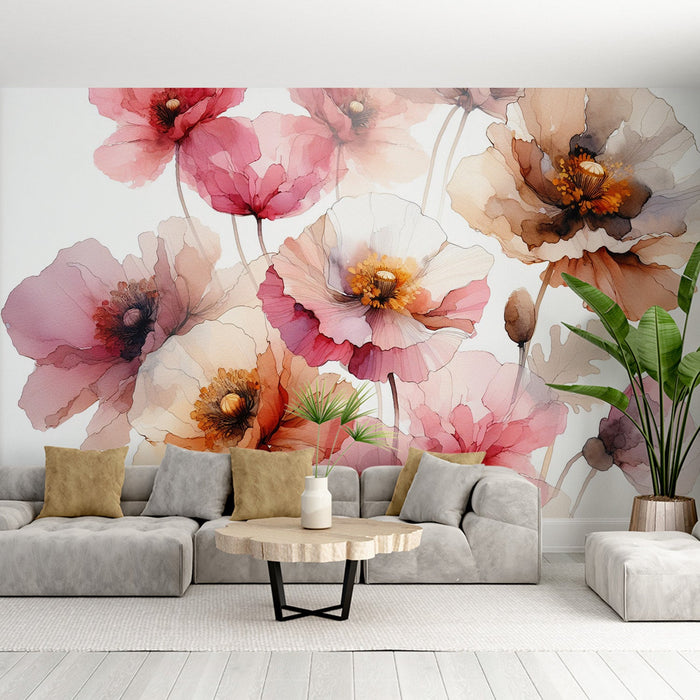 Papel pintado de mural floral pastel | Amapolas en tonos neutros y pastel