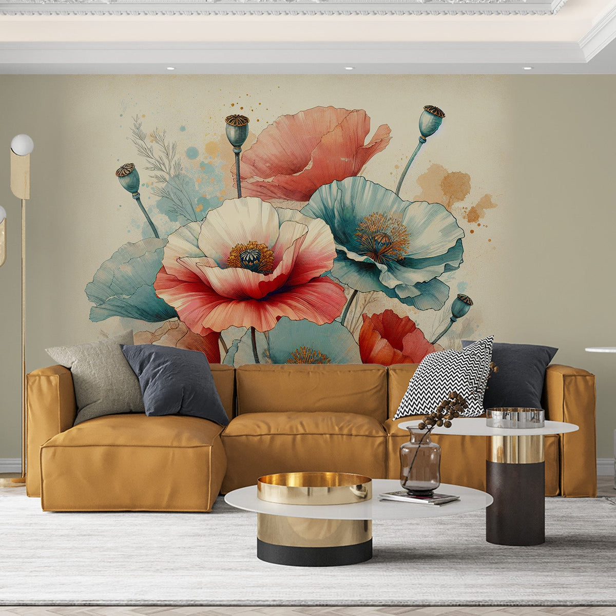 Pastel Floral Mural Wallpaper | Red and Blue Poppies with Vintage Wate ...