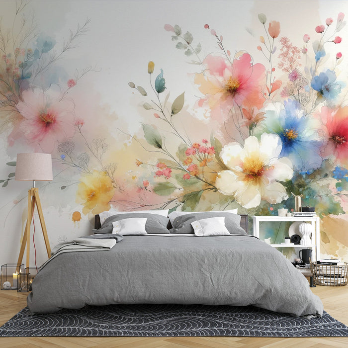 Pastel Floral Mural Wallpaper | Monivärinen vesivärivalkoinen kukkaseppele