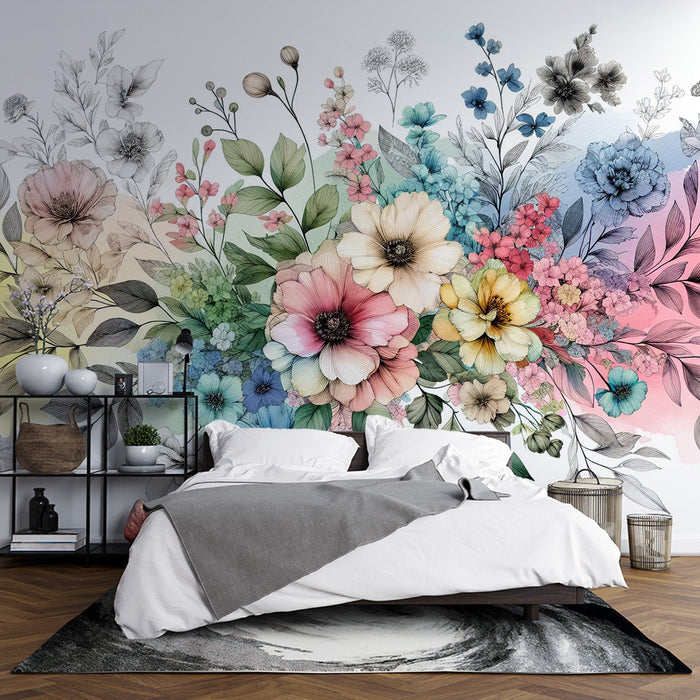 Papel de parede mural floral em tons pastel | Flor vintage multicolorida e fundo