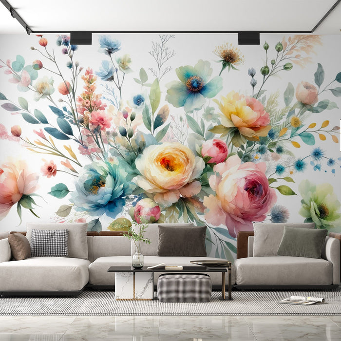 Papel de parede com mural de flores pastel | Flores rosa, amarelas e azuis
