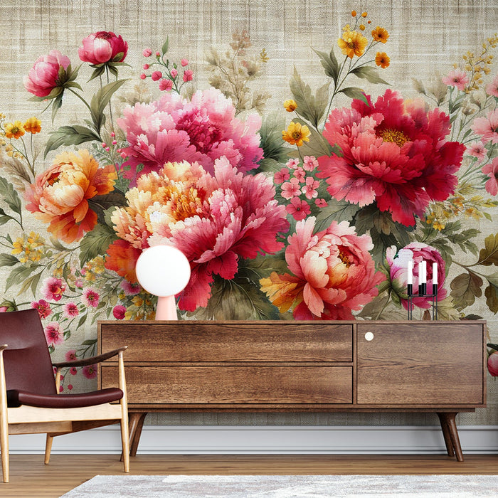 Pastel Floral Tapete | Rosa, rote und orangefarbene Blumen auf Vintage-Gewebeleinwand