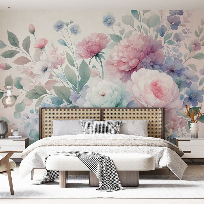 Papel pintado de mural floral pastel | Flores rosas, verdes y moradas