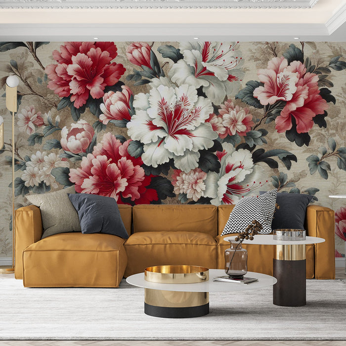 Pastel-Blumen-Tapete | Rote und weiße Blumen auf vintage gealtertem Hintergrund