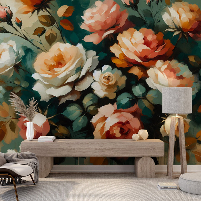 Papel de parede mural floral pastel | Flores coloridas em estilo de pintura a óleo