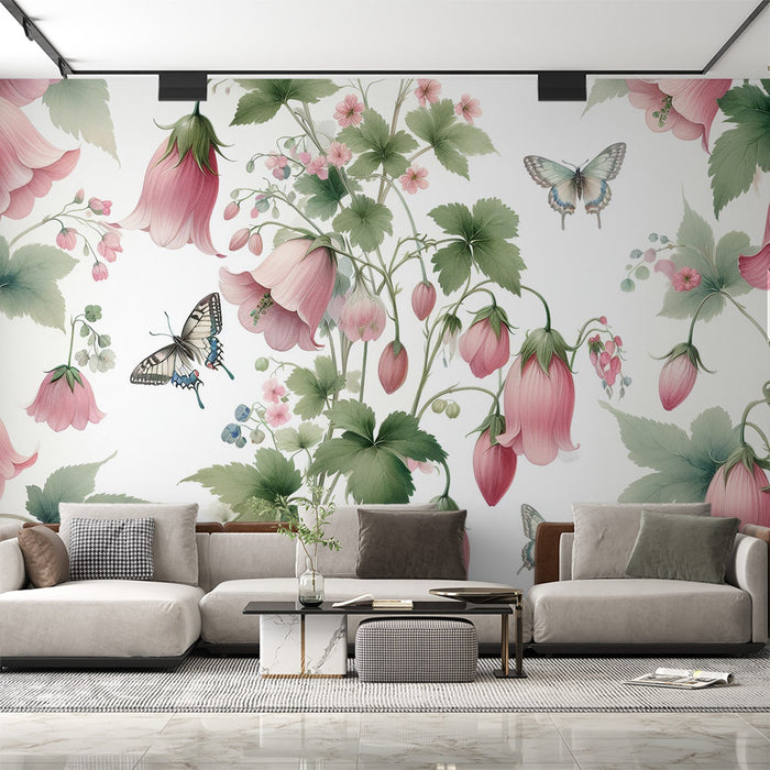 Papel de parede mural floral | Borboletas sublimes com flores rosas pendentes