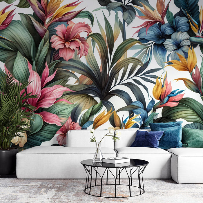 Papel de parede mural floral em tons pastel | Flores tropicais coloridas em um fundo branco