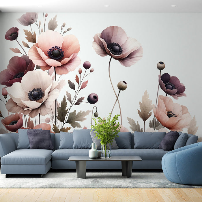 Papel de parede com mural de flores em tons pastel | Flores rosa e brancas vintage