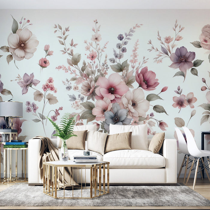 Pastel Floral Mural Wallpaper | Violett, Rosa och Vita Blommor på Vit Bakgrund